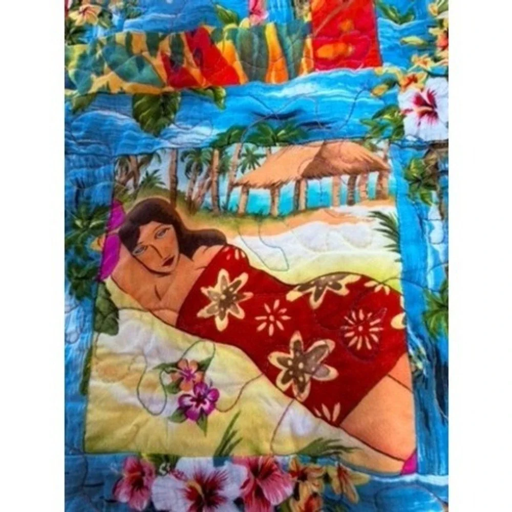 Hawaiian Tropical Hula Girl Surf Patchwork Quilt Multicolor 66x66 Square Bedding